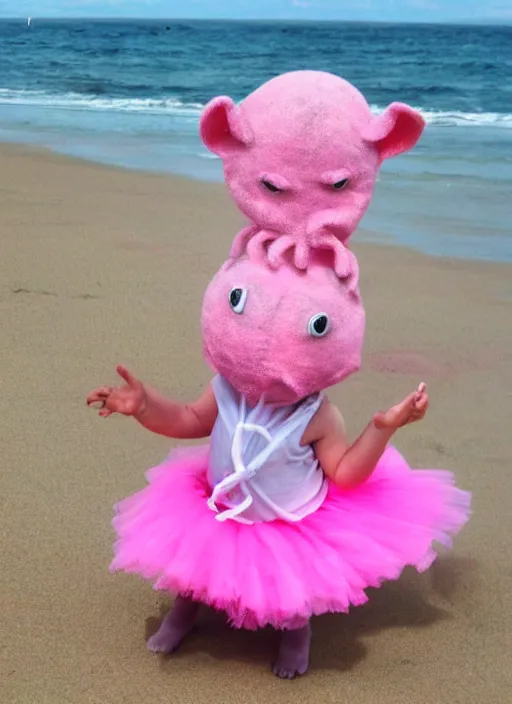 Image similar to chthulhu in a pink tutu on a beach