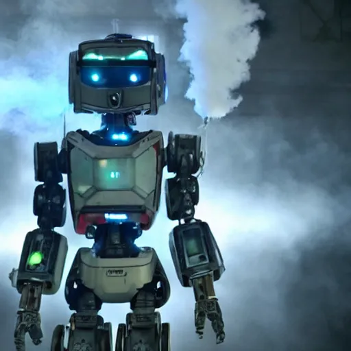 Image similar to chappie the robot making a vape smoke cloud, huge amount of vape, we get it you vape