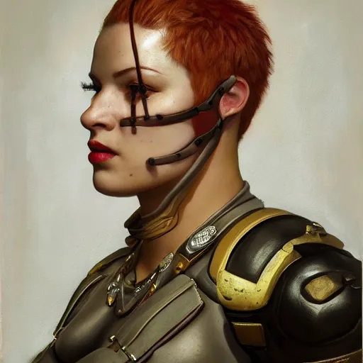 Image similar to portrait of heavy armoured zarya from overwatch in disco elysium, by alexander mcqueen, by roberto ferri, by tom bagshaw, by j. c. leyendecker and klimt, by austin osman spare, highly detailed oil painting, very intricate, cinematic lighting, award - winning, american romanticism, artstation, cgsociety, official art, octane