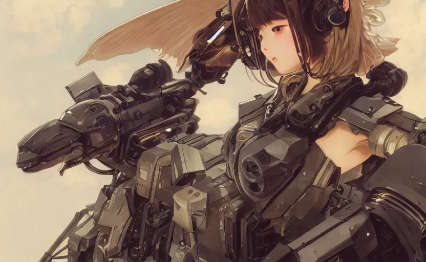 Image similar to mechanized valkyrie, anime style, sky girls, vintage clothing, spread wings, short hair, hair down, symmetrical facial features, from arknights, hyper realistic, 4 k, rule of thirds, extreme detail, detailed drawing, trending artstation, hd, d & d, realistic lighting, by alphonse mucha, greg rutkowski