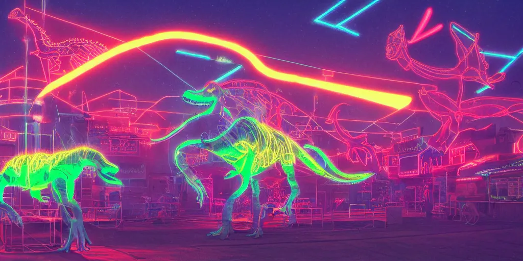 Prompt: neon laser dinosaur at the county fair by makoto shinkai