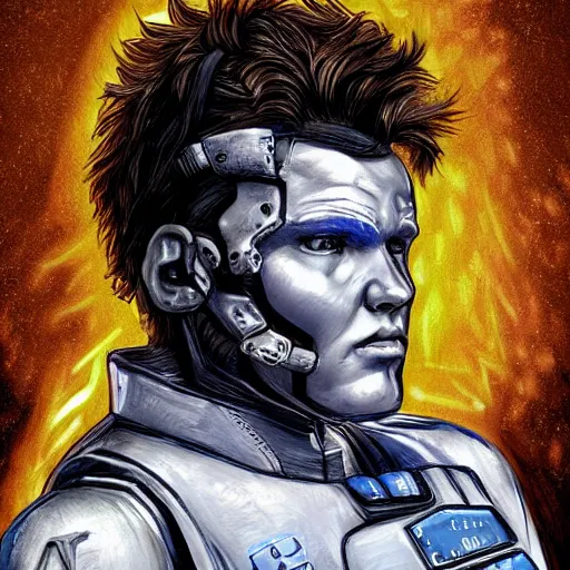 Prompt: Bust Portrait of David Bates from Starset in a sci fi uniform with a BMI on his temple; hyper realistic, high detail, artstation, deviantart