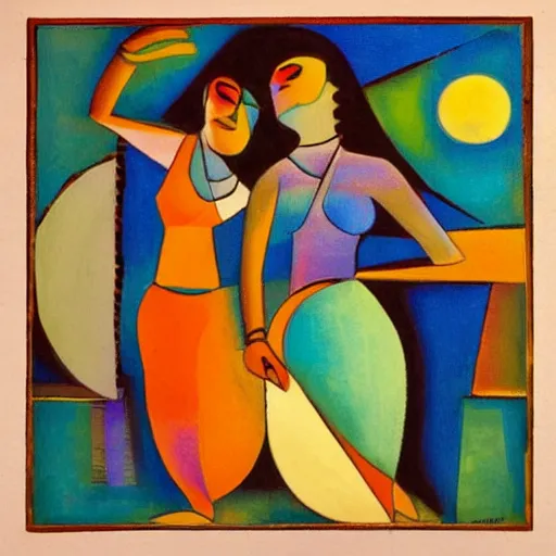 Prompt: two Indian Women in the moonlight dancing by the ocean , high quality art in the style of cubism and georgia o’keefe,