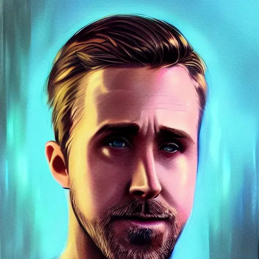 Image similar to “Portrait of Ryan Gosling by Greg Rutkowski, young, attractive, highly detailed portrait, scifi, digital painting, artstation, concept art, smooth, sharp foccus ilustration, Artstation HQ”