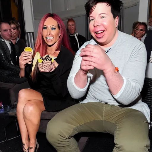 Prompt: Michael Mcintyre sitting next to Jodie Marsh eating ice creams