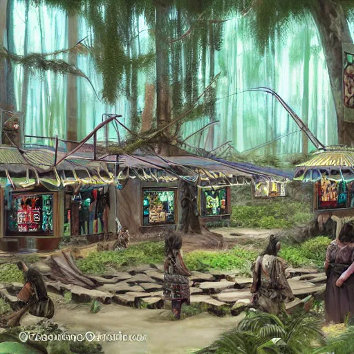 Prompt: maori tlingit forest bazaar, science fiction concept art