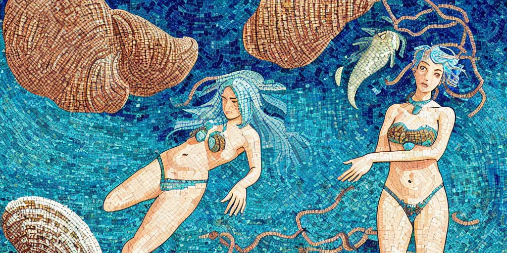 Prompt: ancient roman mosaic of bluehair mermaid with a shell bikini on sea floor, low ceiling, illustration by moebius, victo ngai, josan gonzales, katsuhiro otomo, clean thick line