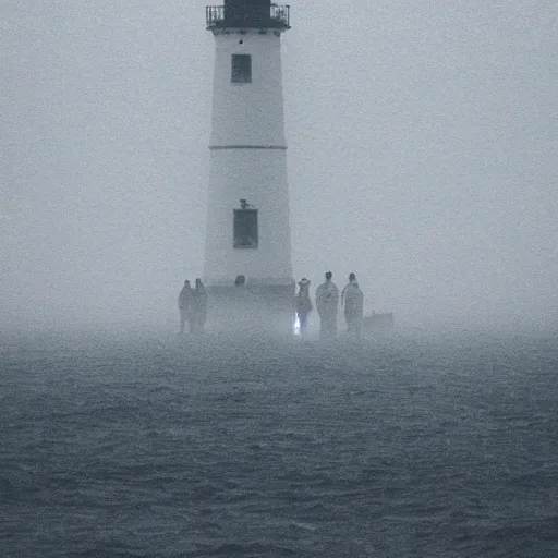 Prompt: sailors spotting a lighthouse in thick fog