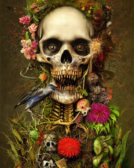 Prompt: 'Life from death' A horrifyingly detailed aesthetic horror full body portrait painting depicting 'A mossy skeleton with plants and flowers growing all over it, birds and insects flying all around it' by giuseppe arcimboldo and Rembrandt, Trending on cgsociety artstation, 8k, masterpiece, cinematic lighting, vibrant colors.