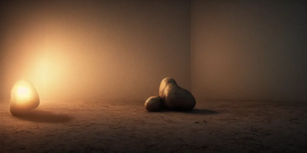 Image similar to potato, dark cinematic, volumetric, realistic, 3d render, Realistic Render, Cinematic lighting, Volumetric lighting, atmospheric, cinematic, unreal engine, unreal engine render, octane render, HD, photorealism, hyper realistic, photo, 8K, in the style of Chris Cunnigham, by Wes Anderson