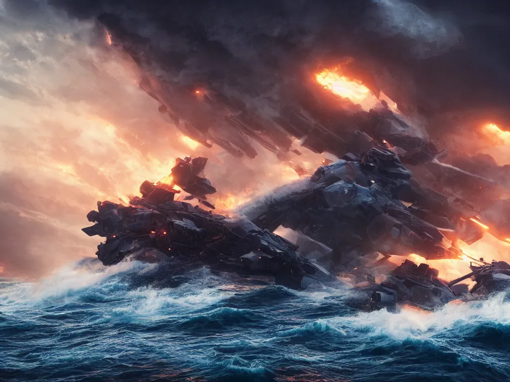 Image similar to breaking apart crashing damaged and on fire mecha battleship sailing alone on a stormy sea at sunset,large waves, explosions, battletech, octane render , cinematic