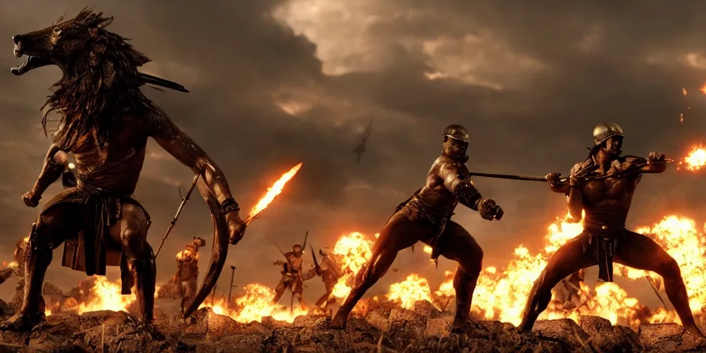 Image similar to epic battle screen of hero, film still from the movie'3 0 0'( 2 0 0 6 ), 3 d, 8 k realistic, cryengine, playstion 5 screen, cinematic lighting