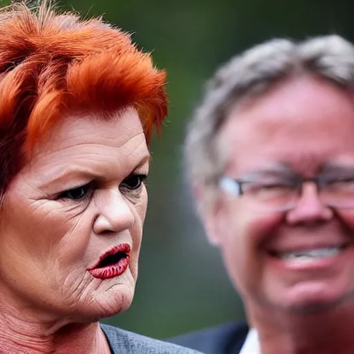 Image similar to Pauline Hanson poking out her forked snake tongue