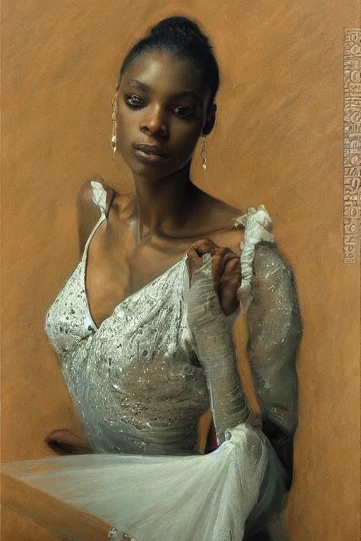 Image similar to portrait of a gorgeous graceful nubian prima ballerina, by donato giancola and berthold woltze.