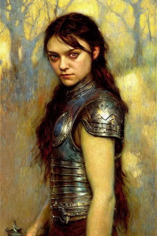 Image similar to portrait of arya stark. art by gaston bussiere.