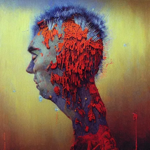 Prompt: a detailed and vibrant portrait painting inspired by beksinski and frank frazetta of joel glazer being tarred and feathered