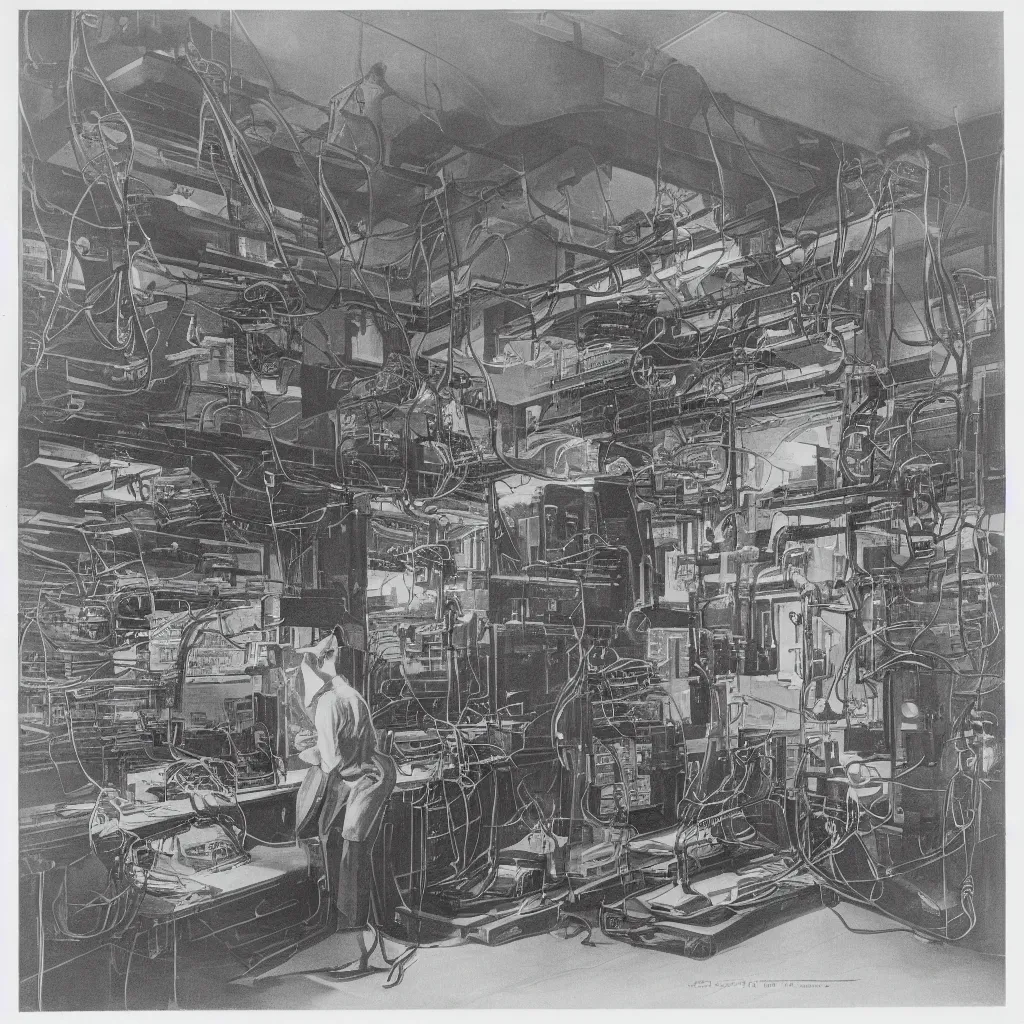 Image similar to An engraving of Max Ersnt in a datacenter, cables, pipes, oil, computers, 1929