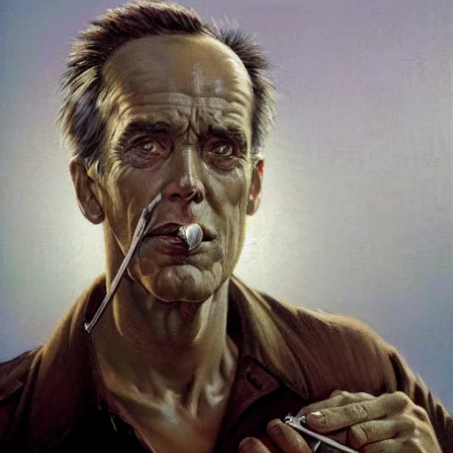 Image similar to a highly detailed epic cinematic concept art CG render digital painting artwork costume design: Henry Fonda as a 1950s tired disillusioned poet, barefoot, a cigarette in his mouth. volumetric lighting. By Greg Rutkowski, in the style of Francis Bacon and Syd Mead and Norman Rockwell and Beksinski, open ceiling, highly detailed, painted by Francis Bacon and Edward Hopper, painted by James Gilleard, surrealism, airbrush, Ilya Kuvshinov, WLOP, Stanley Artgerm, very coherent, triadic color scheme, realistic facial expression, art by Takato Yamamoto and James Jean