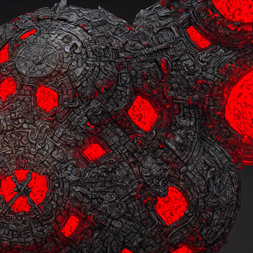 Image similar to ornate and detailed round battle shield made of lava rock and dragon scales, wide angle shot, red and obsidian colors, dungeons and dragons themed, 4 k octane digital render, unreal engine 5, styled by greg rutkowski and extreme levels of detail