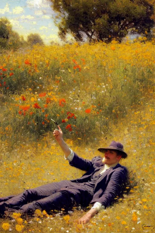 Image similar to attractive man relaxing in flower field, painting by gaston bussiere, craig mullins