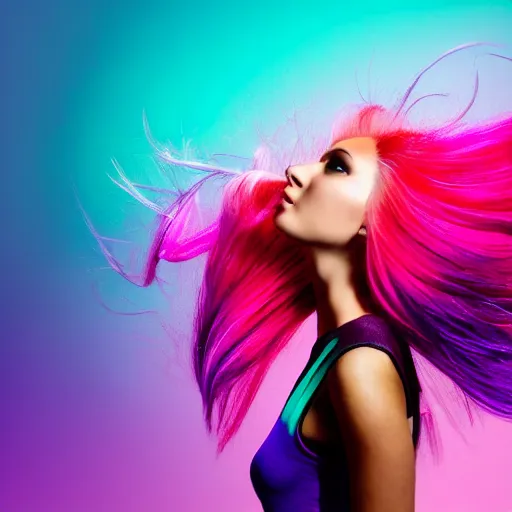Image similar to a award winning full body shot of a beautiful woman in a croptop with a ombre purple pink teal hairstyle with head in motion and hair flying, outrun, vaporware, vivid colors, highly detailed, fine detail, intricate