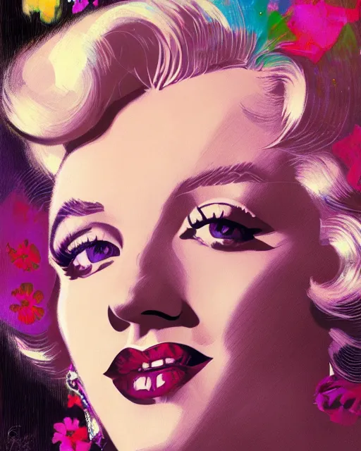 Prompt: sophisticated portrait of Marilyn Monroe, 1980s flower power hippy, very smoky cyberpunk Paris bar, elegance, highly detailed, shallow depth of field, Artstation, Artgerm, Donato Giancola and Joseph Christian Leyendecker