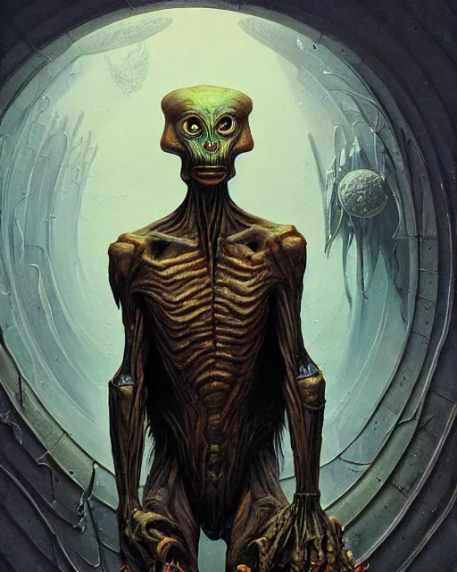 Prompt: a fantasy style portrait painting of a nonhumanoid alien from barlowe's guide to extraterrestrials, high - tech city background oil painting unreal 5 daz. rpg portrait, extremely detailed wayne barlowe michael whelan artgerm greg rutkowski greg hildebrandt tim hildebrandt