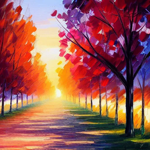 Prompt: tree-lined path at sunset, by Aenami Alena and Afremov Leonid
