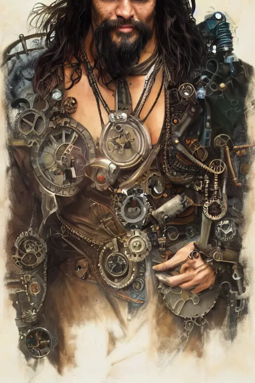 Image similar to jason momoa as a steampunk cyborg, portrait, western, steampunk, duster, fantasy, intricate, elegant, highly detailed, digital painting, artstation, concept art, sharp focus, illustration, art by artgerm and greg rutkowski and alphonse mucha