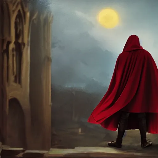 Image similar to man wearing a cloak and holding two red daggers, cinematic, sunset, medieval city background, painting, art