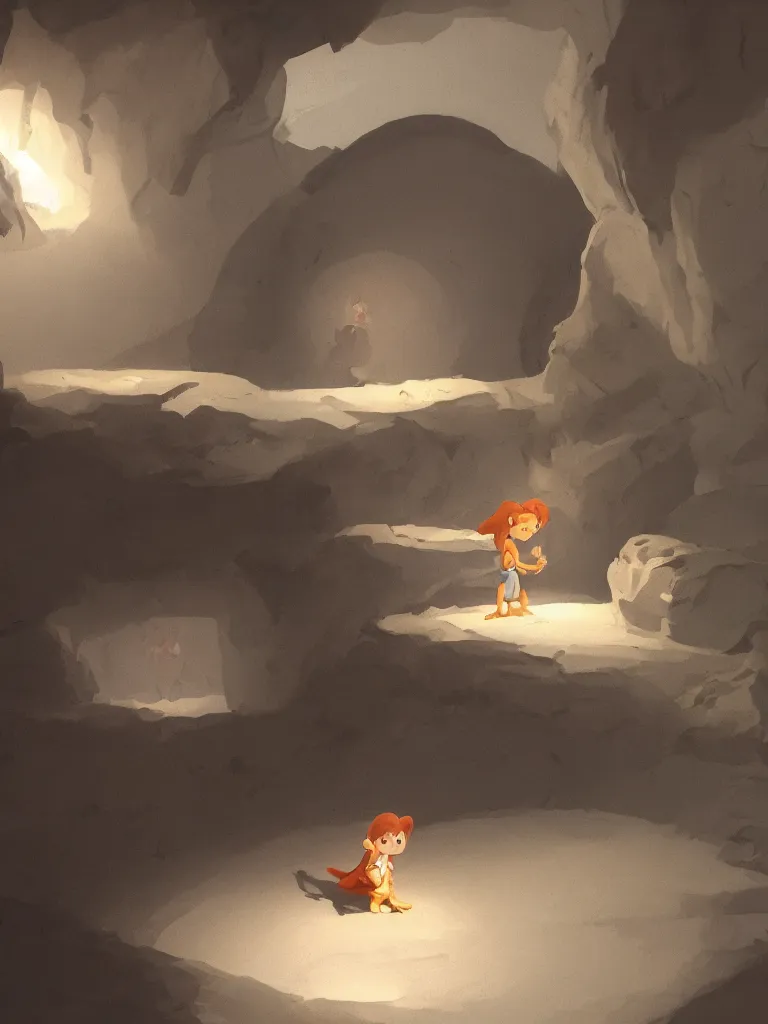 Image similar to lit child, in a dark cave, by disney concept artists, blunt borders, rule of thirds, soft light