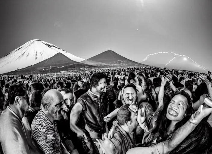 Image similar to old photo of greeks wich drink wine and have fun against the backdrop of mount vesuvius starting to erupt, photo by hunter thompson, fisheye 4, 5 mm, diffused backlight