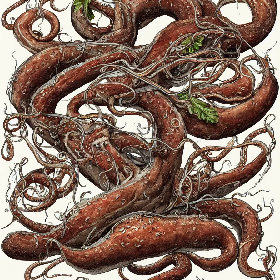 Image similar to a beautiful ultra detailed anatomical illustration of a giant squid holding many burgers, tentacles wrapped around burgers, artstation, 8 k