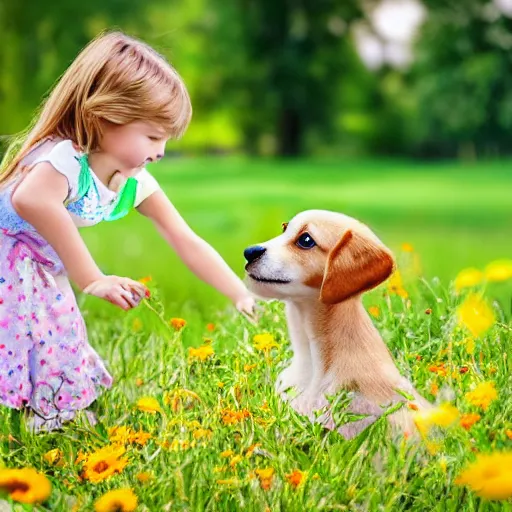 Prompt: child playing with cute dog on a flower meadow, trees in the background, realistic photo.