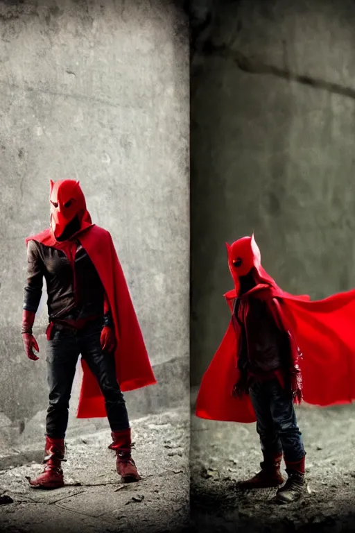 Image similar to red hood cosplay, creepy, disturbing, bloody, darkness, grainy