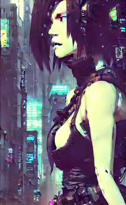 Image similar to hyper - realistic cyberpunk portrait of beautiful! anime woman standing on tokyo street, extreme detail, alluring, in style of yoji shinkawa, pan ren wei, col price, atey ghailan, by greg rutkowski, by greg tocchini, by james gilleard, by joe fenton, by kaethe butcher, grunge aesthetic