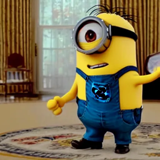 Image similar to super cute minion playing the guitar at the White House, movie still