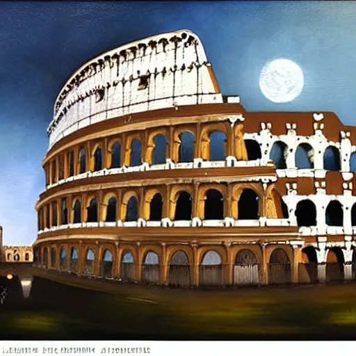 Image similar to exterior view of modern futuristic roman colosseum architecture, view overlooking the city, detailed luminescent oil painting 4 k