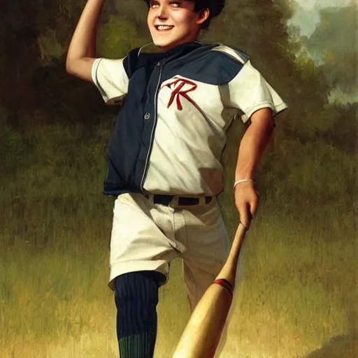 Prompt: a teen boy with black hair and green eyes in a baseball uniform clutching a baseball bat while smiling. Kuvshinov ilya. Geoffroy Thoorens. JC Leyendecker
