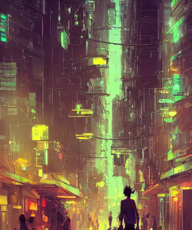 Prompt: street from paris or neo tokyo , humid ground, people and creatures walking holding neon ombrellas, volumetric light, bokeh light from top, science fiction elements like droids or big computer screens, brutalist architecture, rainy mood, artstation, art pascal campion