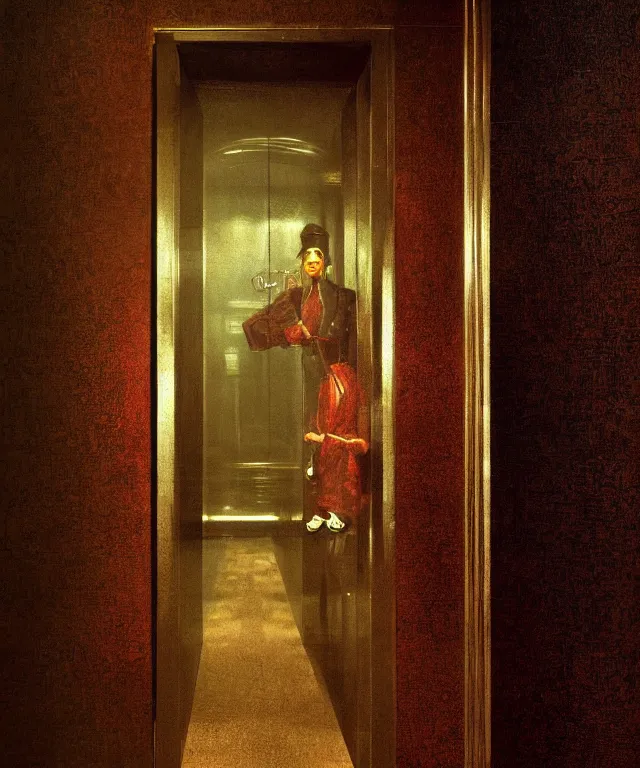 Image similar to horrifying full color photorealistic image a 1 9 2 5 hotel elevator lobby, with a screaming bellhop embedded in the wall, dark, atmospheric, brooding, smooth, finely detailed, cinematic, epic, in the style of lee gibbons