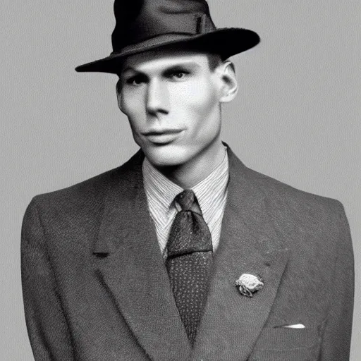 Image similar to A photograph portrait of Jerma985 wearing a suit with and fedora in the 1940s, taken in the early 1940s, grainy, taken on a 940s Kodak Camera, realistic, hyperrealistic, very realistic, highly detailed, very detailed, extremely detailed, detailed, digital art, trending on artstation