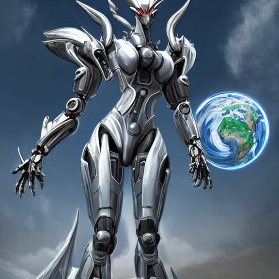 Image similar to giant stunning goddess shot, galactic sized beautiful hot anthropomorphic robot mecha female dragon, floating in space, larger than the planet, holding the earth in her hands, looming over earth, detailed sleek silver armor, sharp claws, epic proportions, epic scale, highly detailed digital art, sci fi, furry art, macro art, dragon art, goddess art, warframe fanart, destiny fanart, anthro, furry, giantess, macro, furaffinity, deviantart, 8k 3D realism