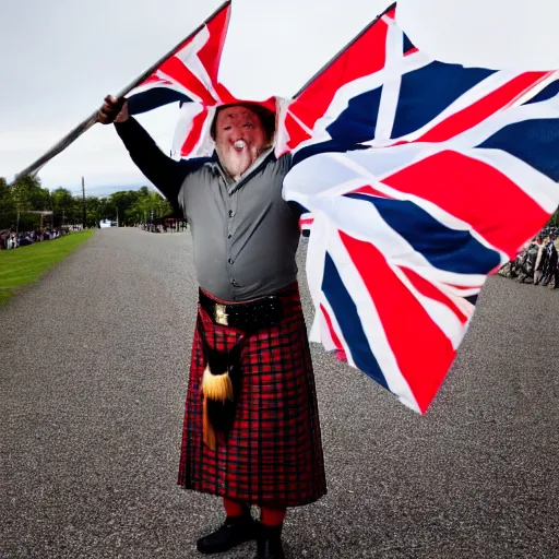 Prompt: photo of a man standing on a watermelon, wearing a kilt, and holding a british flag