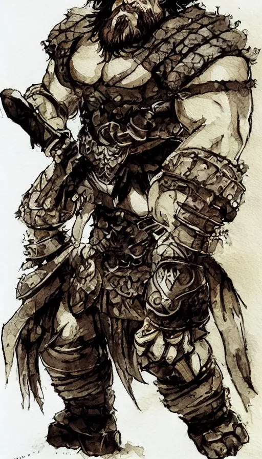 Image similar to Dwarf Barbarian, drawn by Yoji Shinkawa, water color, Dungeons and Dragons, Wizards of the Coast