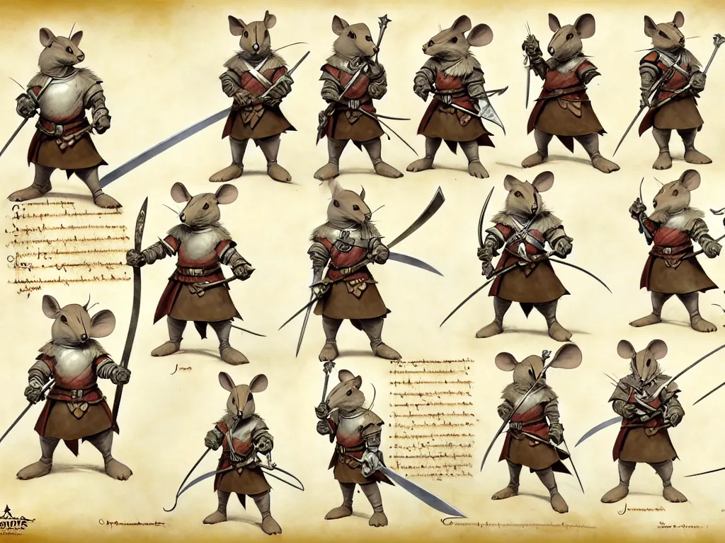 Image similar to character design sheet for a heroic mouse knight with sword and shield on a parchment background, redwall, greg rutowski and jean baptiste monge, very very detailed, epic fantasy concept art