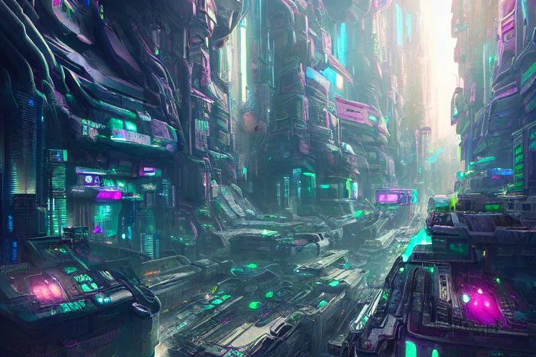 Image similar to a psychedelic cyberpunk city at the edge of existence where intensely creative astral beings live, in the style of wlop, illustration, epic, fantasy, hyper detailed, smooth, unreal engine, sharp focus, ray tracing