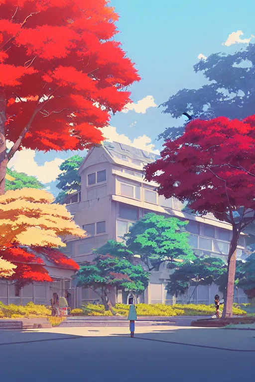 Image similar to a colorful high school building with beautiful trees, morning, by studio ghibli painting, superior quality, masterpiece, traditional Japanese colors, by Grzegorz Rutkowski, concept art