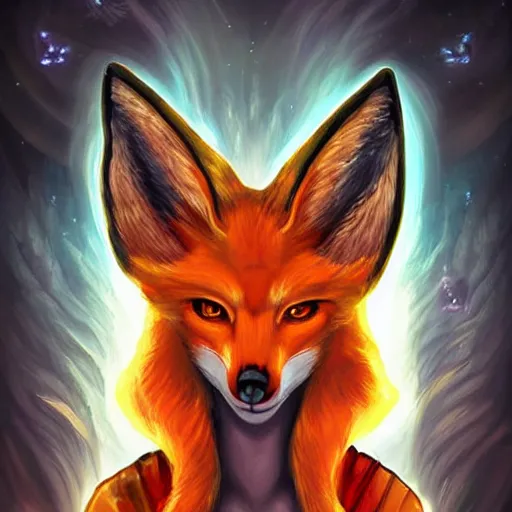 Image similar to a painted avatar portrait of an awesome powerful humanoid kitsune fox mage themed around life and death, in the style of dnd beyond avatar portraits, beautiful, artistic, elegant, lens flare, magical, lens flare, nature, realism, stylized, art by jeff easley