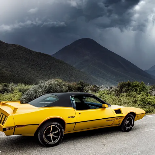 Image similar to pontiac firebird transam driving towards the camera, mountain scape, landscape photography, mountains, cinematic, wide shot, low angle, huge mountains, thunder storm, tornado